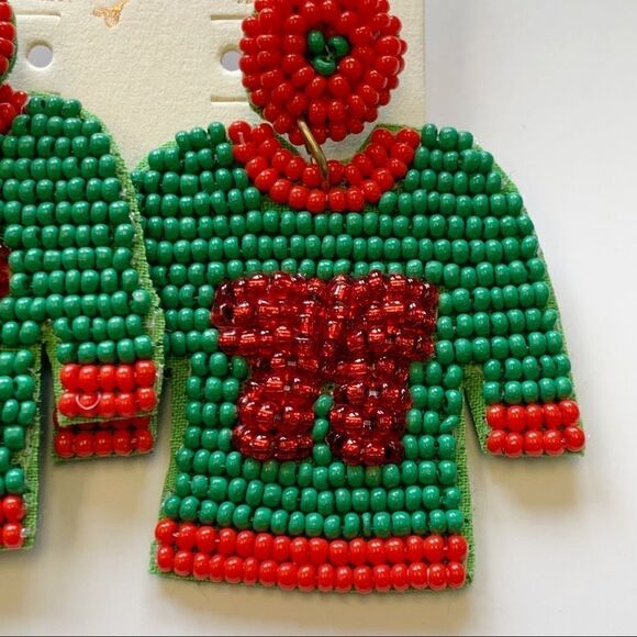 Green and Red Boho Seed Beaded Ugly Christmas Sweater Earrings - Picture 2 of 5